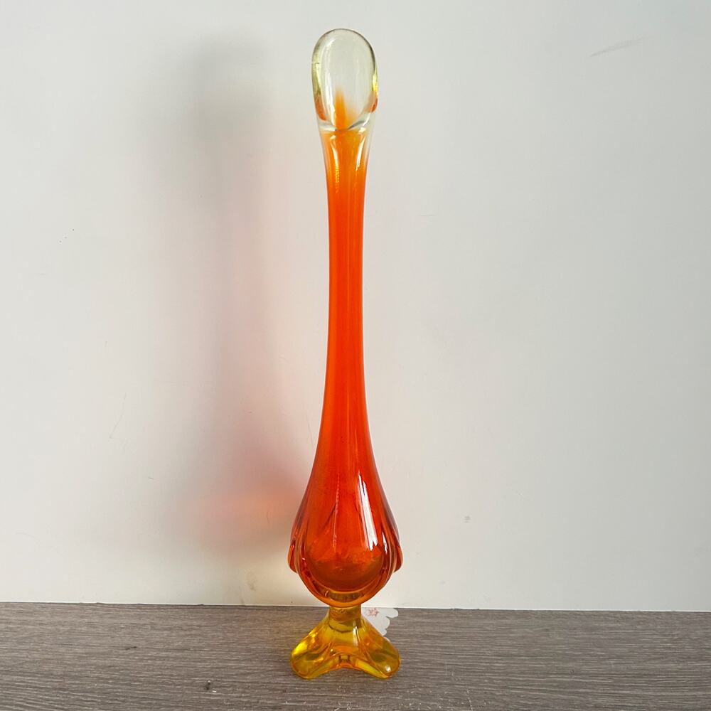 VTG Viking Amberina Swung Glass Footed Three Toed Draped 13” Tall Vase, It Glows
